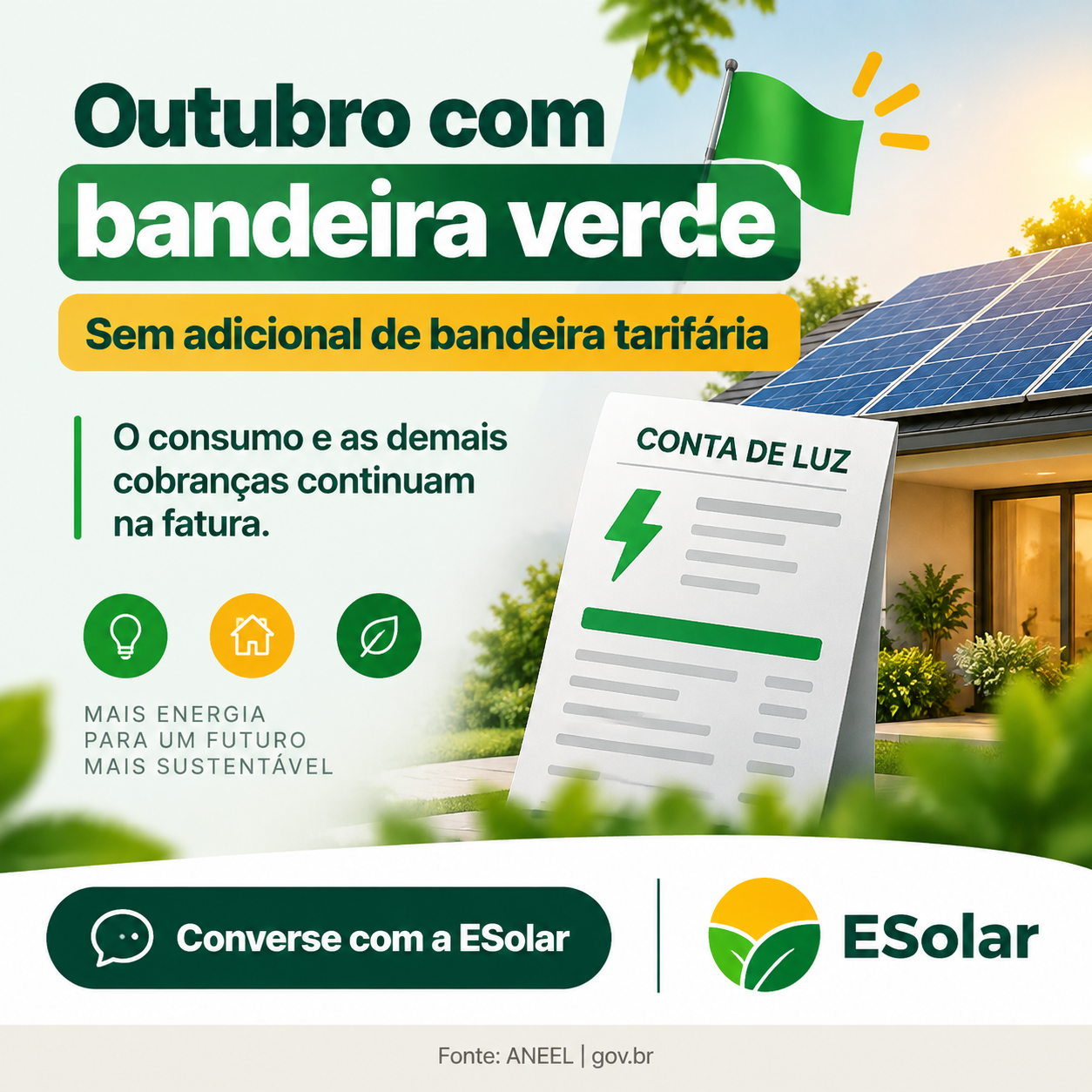 Ilustração da notícia: Bandeira verde em outubro: sem adicional na conta de luz